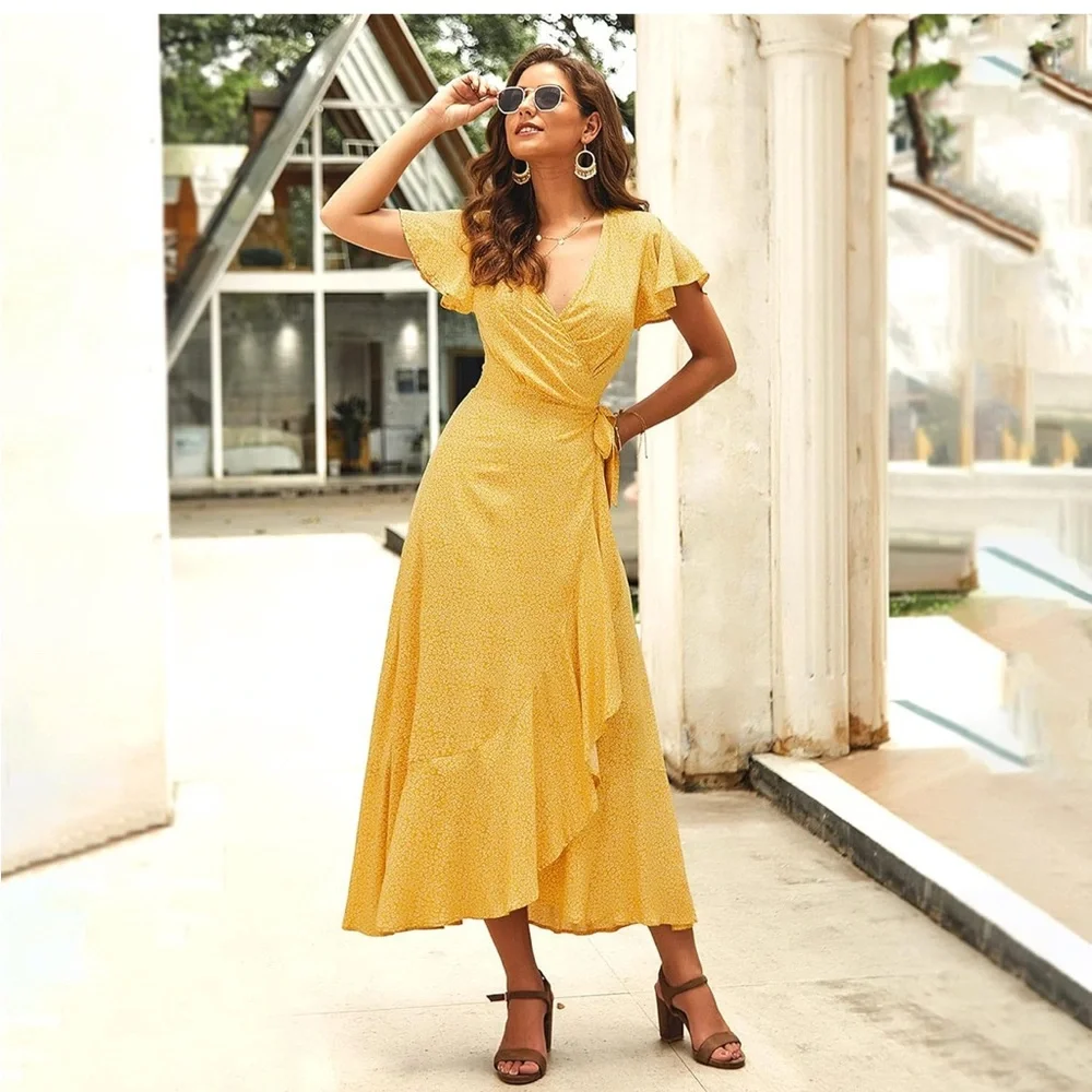 Summer Yellow Ruffle Wrap Dress - Picture 2 of 5